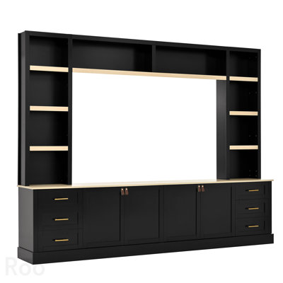 102.3"W Farmhouse 4-Piece Entertainment Center Wall Unit with Adjustable Shelves, TV Stand with Bookshelves for TVs Up to 75", Media Console with 6 Drawers, for Living Room - Black