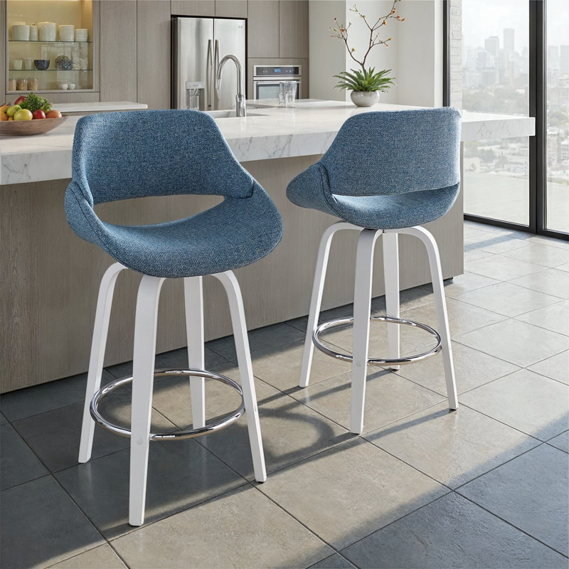 Tabouret de comptoir en tissu à hauteur fixe de 26 po Najrin avec pieds en bois courbé et repose-pieds rond (ensemble de 2)