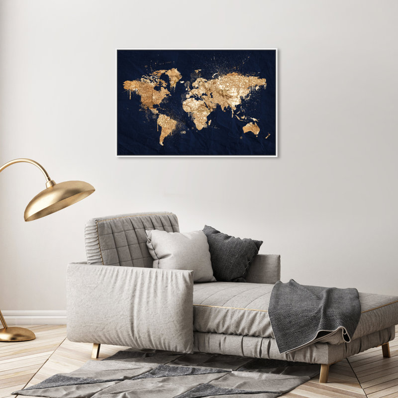 Mapamundi Metallic World Splash Modern - cadre photo, impression, H 24 po x l 36 po x P 1,75 po, Toile avec cadre blanc