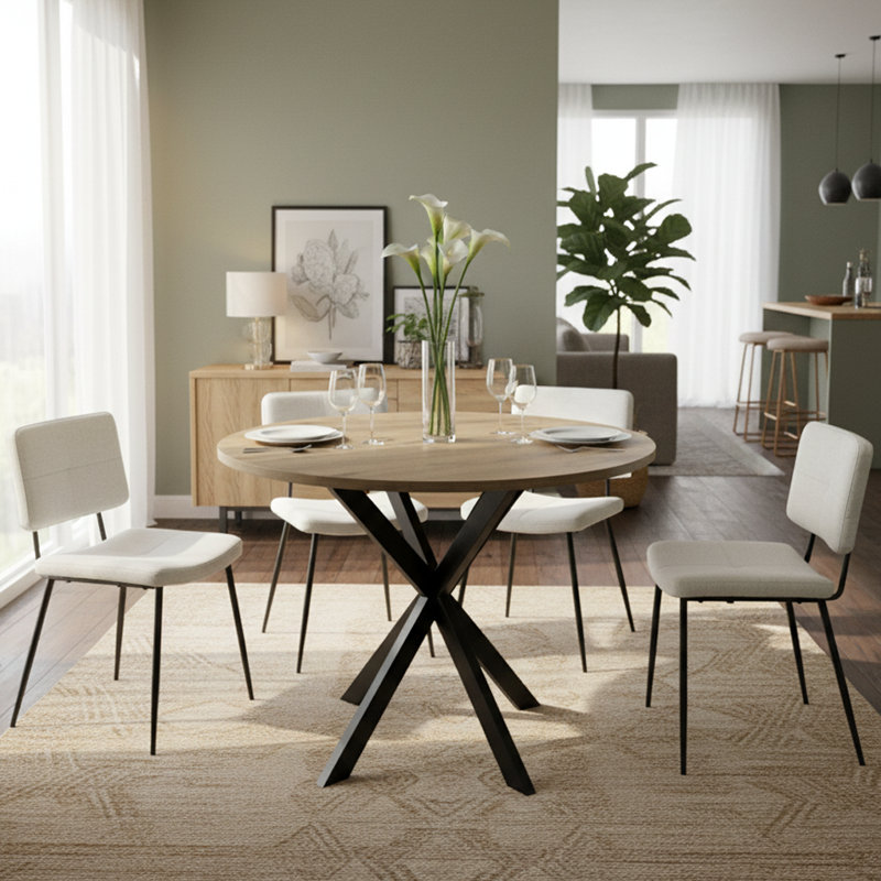 5-Piece Round Dining Table Set For 4, MDF Wood Top With Black Metal Legs And Upholstered Beige Chairs, Modern Small-Space Kitchen & Dining Room Set
