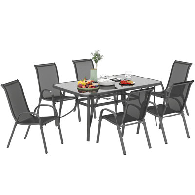 Outsunny 7 Piece Garden Dining Set 6 Seater Parasol Hole Charcoal Grey