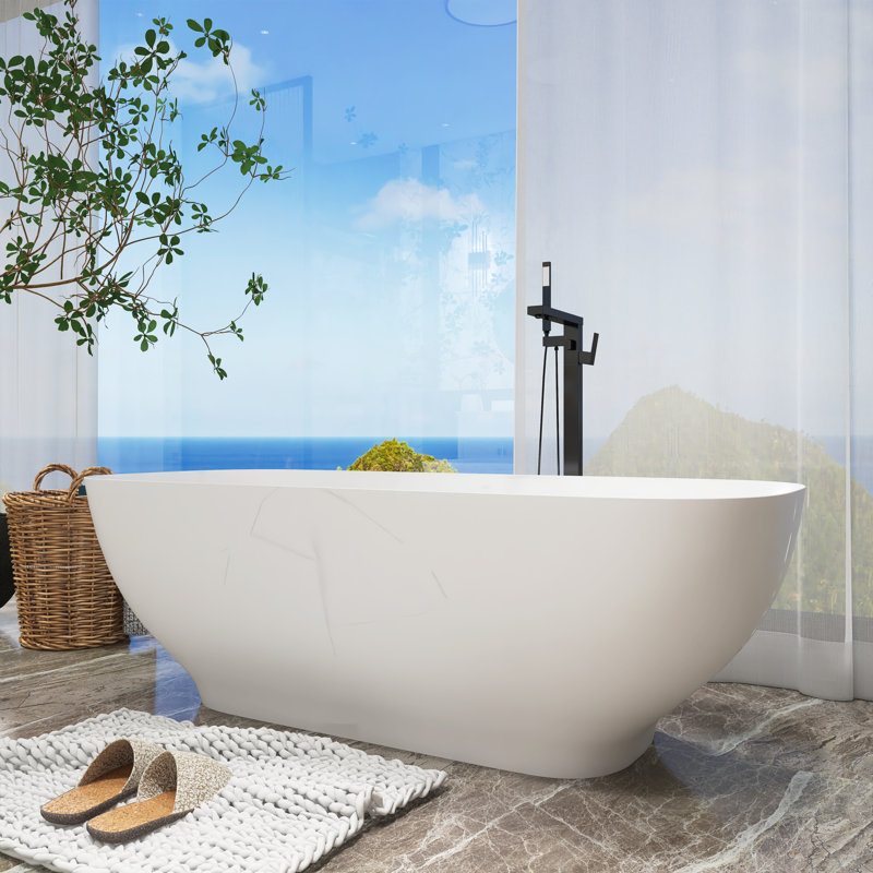 65" Matte White Stone Resin Freestanding Soaking Bathtub