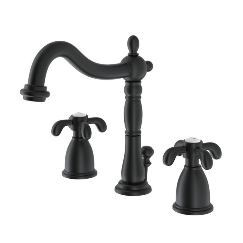 Kingston Brass French Country Two-Handle 3-Hole Deck Mount Widespread Bathroom Faucet with Pop-Up Drain, Matte Black