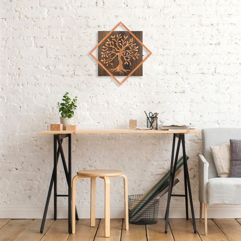Elegant Decorative Wooden Wall Accessory, Walnut & Copper Finish, 21.3 x 21.3 inches | 50% Real Wood (Thickness: 1.2 inches) & 50% Metal (Thickness: 0.06 inches) | Unique Home Décor, Easy Wall Mounting, Stylish & Versatile Design