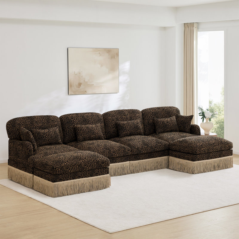 Canapé en U 131 po en chenille confortable à imprimé léopard, bord à pampille délicat, repose-pieds mobiles, style moderne, dossier et siège ergonomiques, assemblage facile, siège profond pour le salon