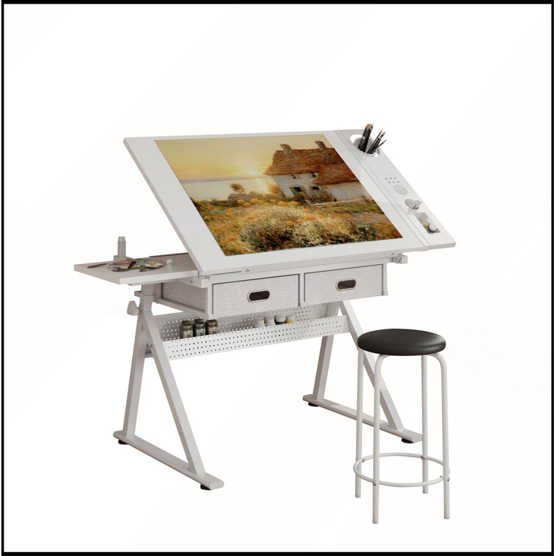 Adjustable Drawing Drafting Table with 2 Large Drawers and Stool for Home, Office, and School Use, White