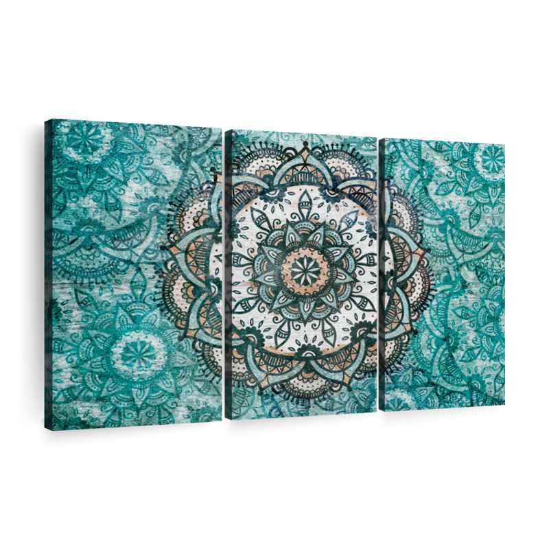 " Turquoise Mandala Symbol " 3 Piece Art Set, 32" H x 50" W x 1.25" D
