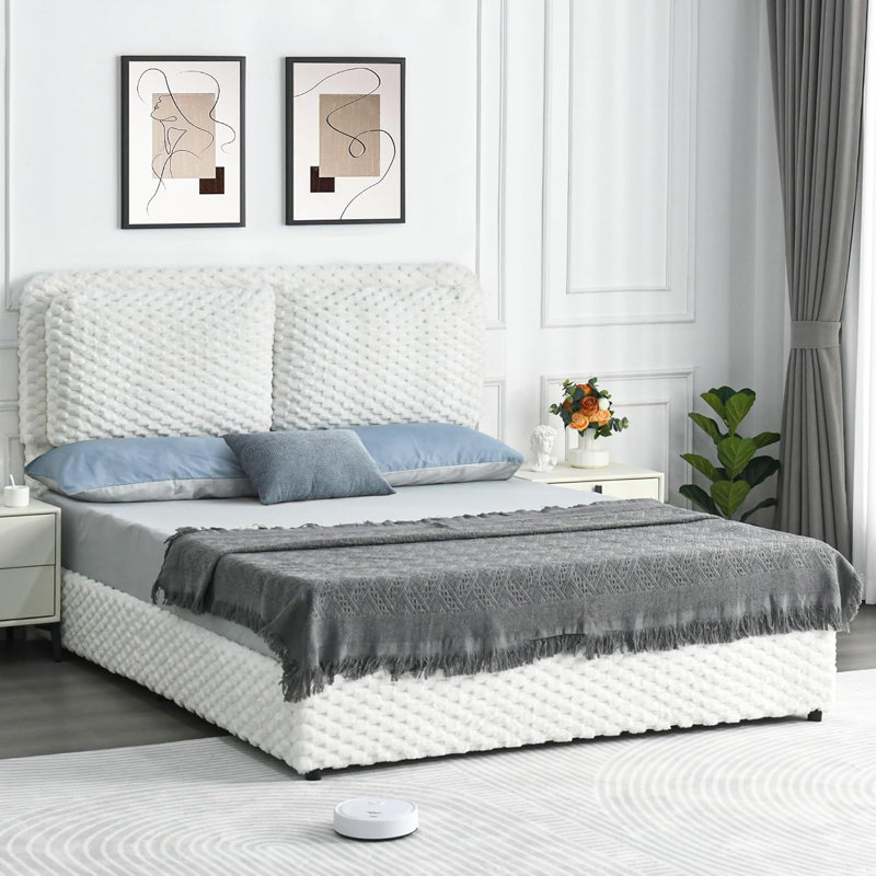 Cloud Bed Frame, Soft Bed Frame with 2 Pillow Headboard, Faux Fur Plush Upholstered Platform Bed Frame, White, Queen