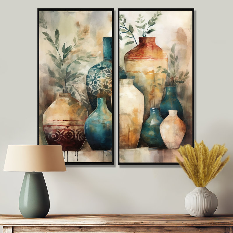 Art mural sur toile traditionnel vert et orange Boho Pottery I, H 20 po x l 24 po, Reproduction encadrée sans passe-partout
