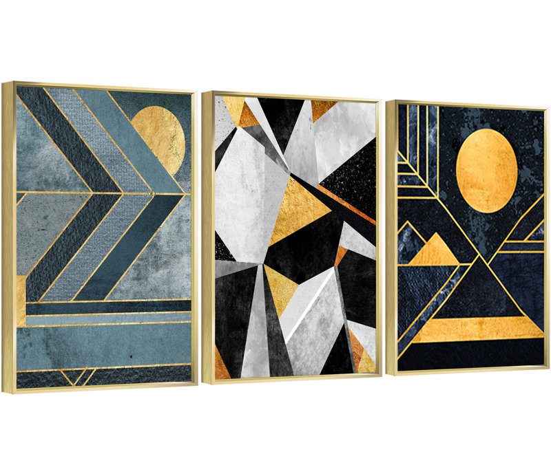 Abstrait, art mural, ensemble de 3 reproductions d'art sur toile encadrées, H 16,3 po x l 36,3 po x P 1,65 po, Noir