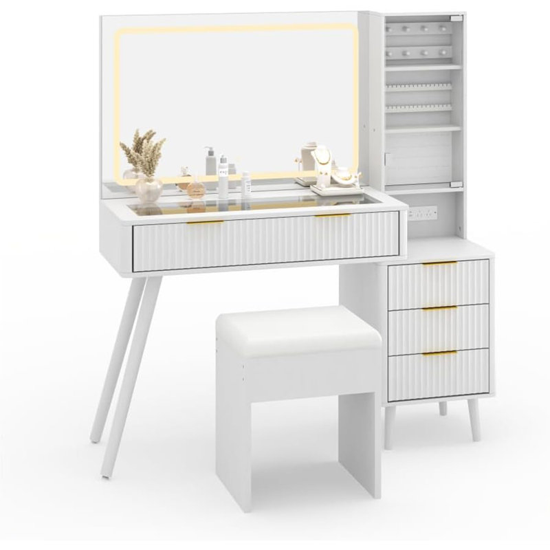 Meuble-lavabo cannelé de 48 pouces avec station de charge avec miroir éclairé, Blanc