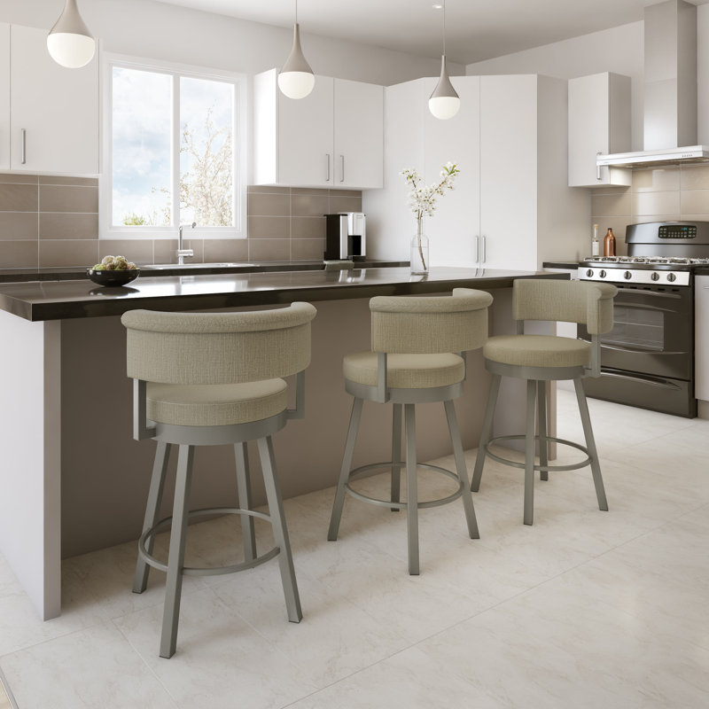 Highgate Swivel Upholstered Counter Stool, Matte Light Gray, Bar Stool (30.75” Seat Height), Beige Fabric