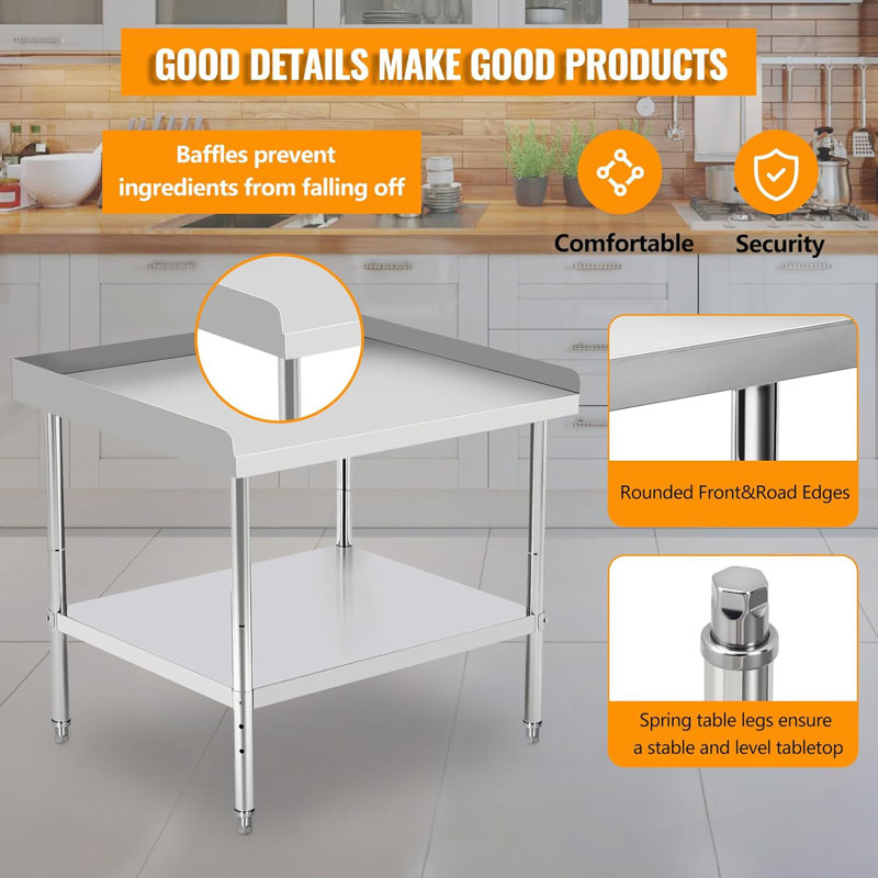 Table de gril en acier inoxydable avec pieds réglables, capacité de 400 lb, certifiée NSF, Edge Baffle - Table de préparation pour cuisine commerciale et domestique