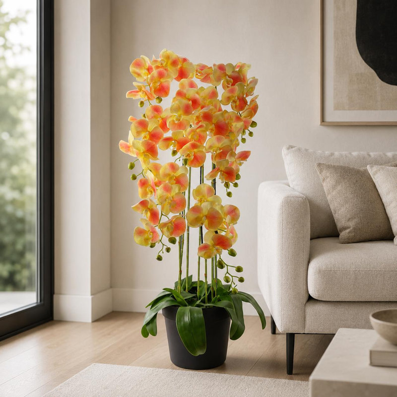 Real Touch Artificial Orchids Plastic, Silk Artificial Arrangement in Planter, Yellow, 110cm H x 40cm W x 40cm D