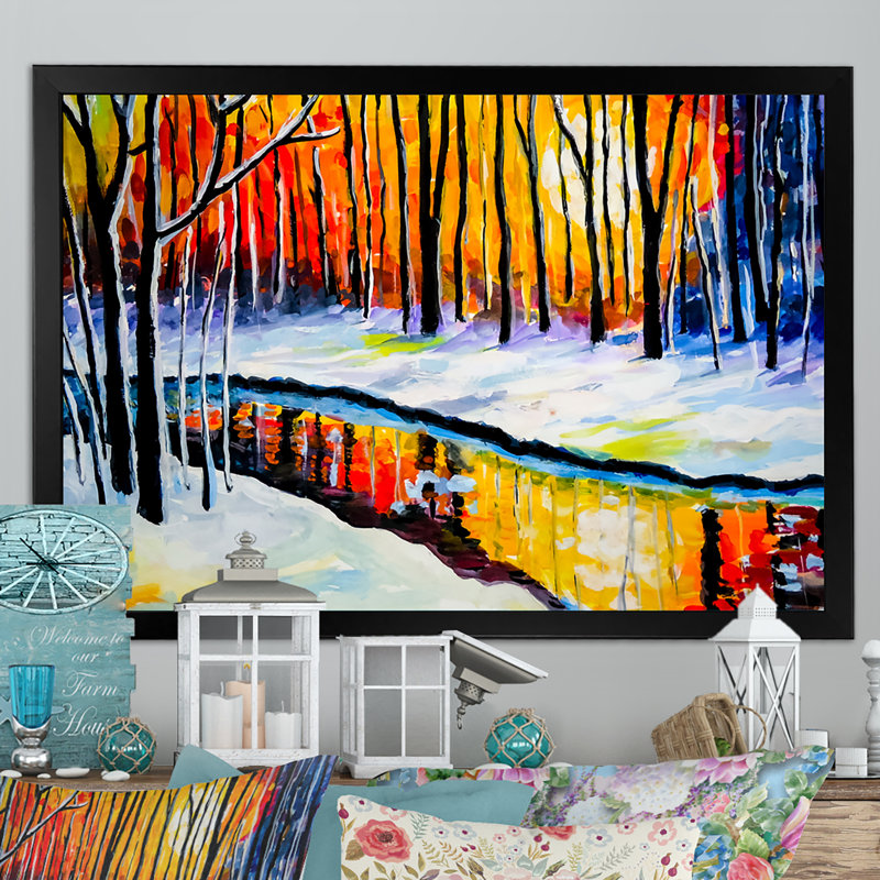 «Winter Landscape River And Forest», reproduction sur cadre flottant sur toile, Cadre photo noir, H 24 po x l 36 po x P 1 po