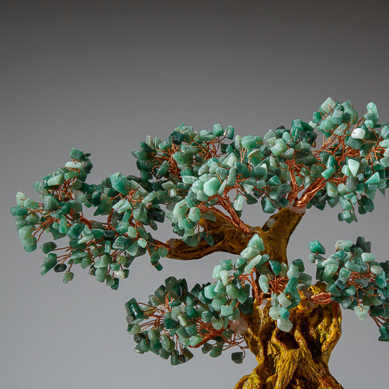 Genuine Green Aventurine Gemstone Bonsai Tree in Round Ceramic Pot (11")