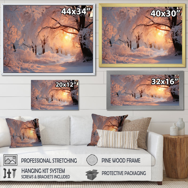 Paysage d'hiver «Frozen Sunlight II» - impressions de paysage d'hiver, H 30 po x l 40 po x P 1,5 po, Cadre flottant blanc