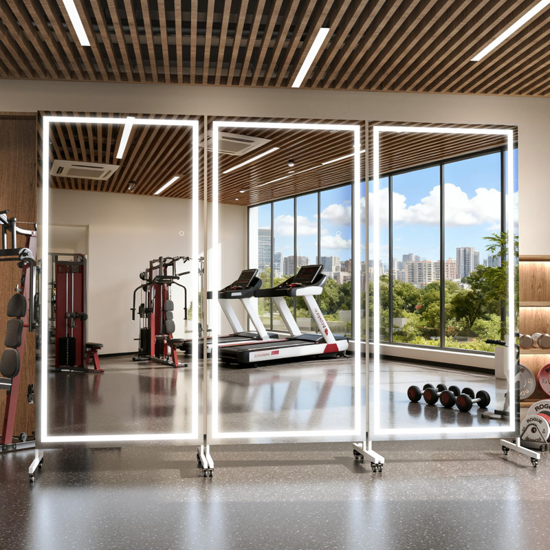 Home Gym LED Mirror 360° Swivel on Wheels with Lights,Extra Large Full Body Rolling Mirror, Tempered Glass Easy to Move Full Length Mirror for Yoga Studio, Bedroom, Dancing Studio 3-Year Warranty