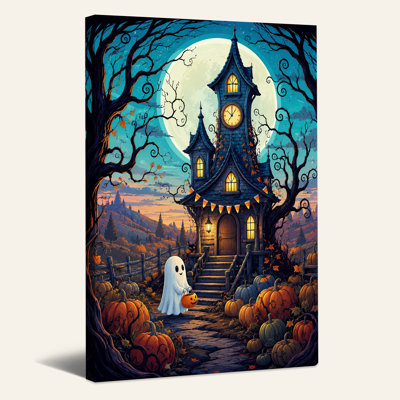 Horloge hantée, maison avec fantôme et citrouilles