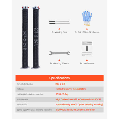 Paire de ressorts de torsion pour porte de garage 2 x 24 pouces avec barres d'enroulement