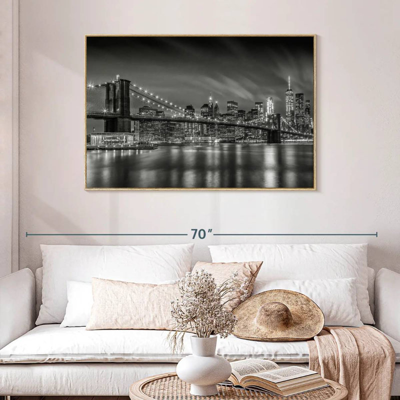 Brooklyn Bridge Nightly Impressions, Cadre flottant en bois naturel, 46 po x 31 po