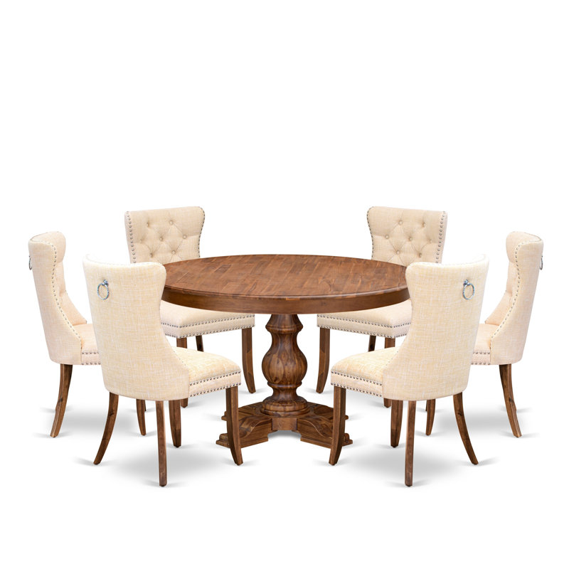 7-Piece Modern Dining Set with Polyester Fabric 6 Light Beige Kitchen chairs, Button-Tufted Backs, and a 48"Round Breakfast Table in Antique Walnut Finish.