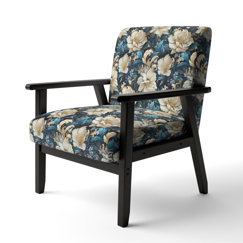 Chaise à accoudoirs rembourrée bohème et éclectique bleu et blanc Daisy Dynasty