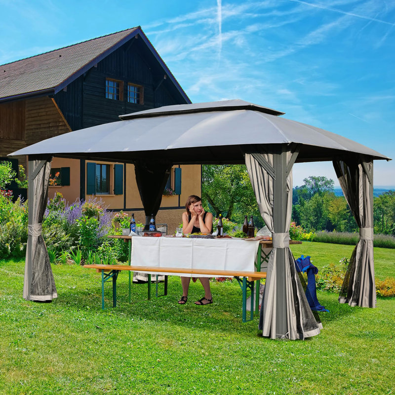 Pavillon de jardin 10 x 14 pi, gris Double ventilation sur le toit, filet. Structure en métal robuste. . Spacieux pour 6 à 8 personnes. Cour arrière, utilisation de la terrasse - Toit ventilé, tissu. Pour le patio,