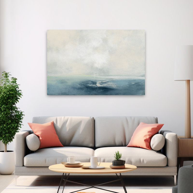 Océan neutre côtier; Nautique bleu bleu gris gris nuage côtier, 60" H x 40" W