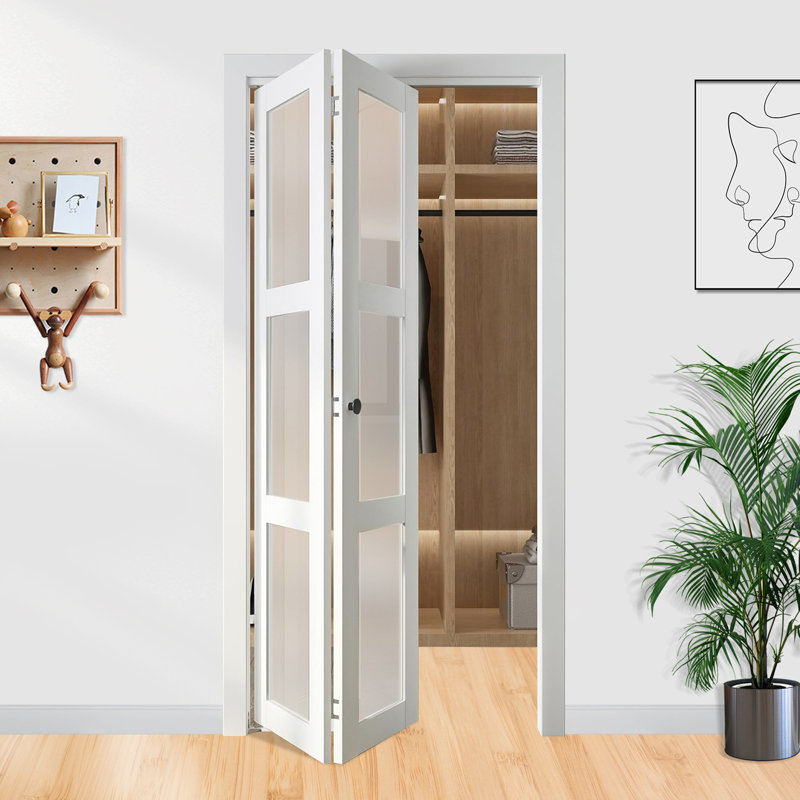 Porte de grange pliante en verre givré pliable 3-Lite avec trousse de quincaillerie d'installation, 30 po x 80 po, Blanc