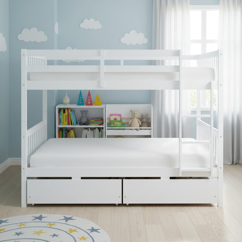 Lit superposé double au-dessus de double en bois massif avec 2 tiroirs, convertible en 2 lits doubles, lit superposé double avec échelle pour garçons et filles