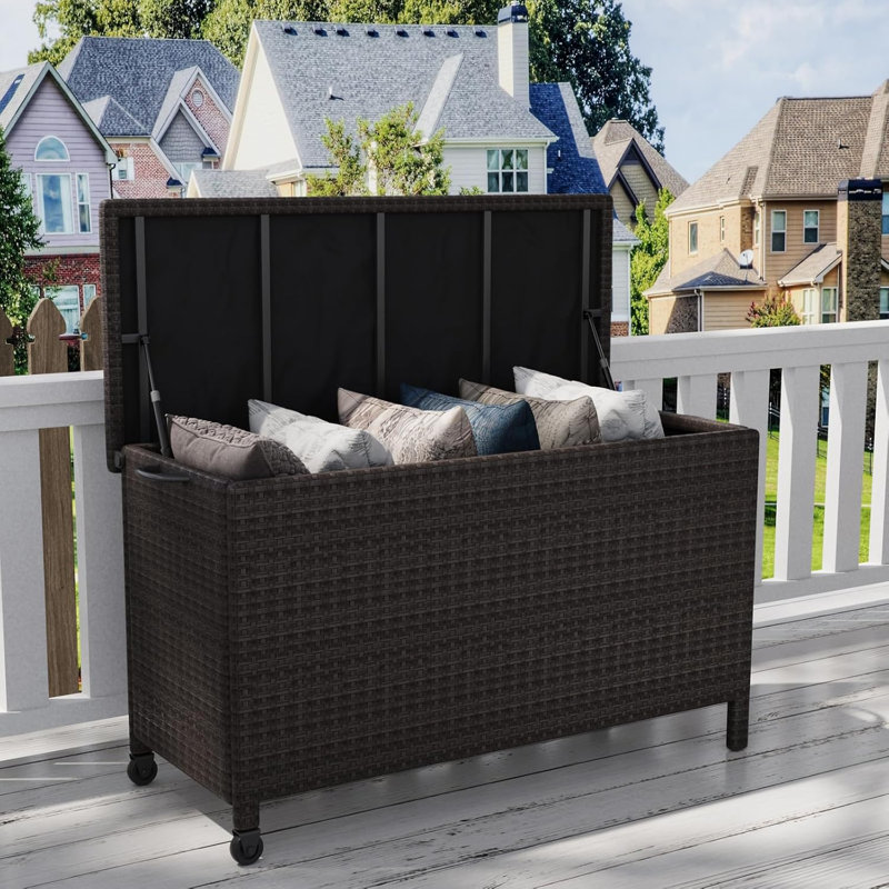Outdoor 150 Gallon Rattan Deck Box With Support Frame And 2 Wheels, Handle Large Waterproof Storage Box, Flip Top Deck Storage Box For Yard, Porch