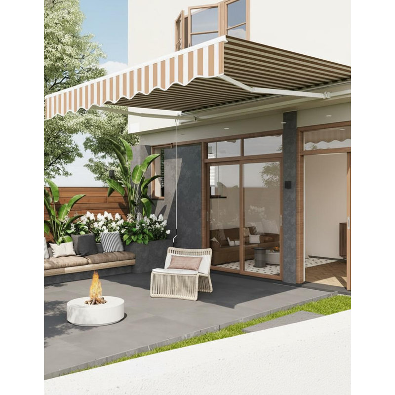 Auvent de patio manuel rétractable - Pare-soleil imperméable - Structure en aluminium et polyester 280 g - Manivelle - Auvent extérieur durable - Rayures jaunes et blanches, 10 x 8 pi