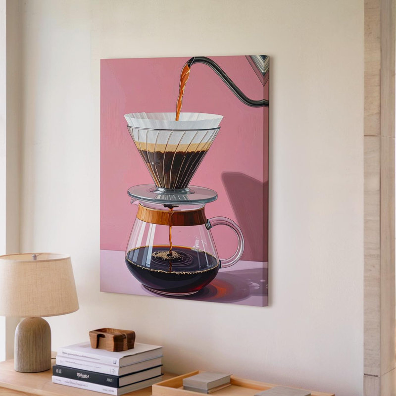 Art mural sur toile, versant sur une tasse de café, art numérique stylisé avec carafe en verre, prêt à accrocher, décoration murale