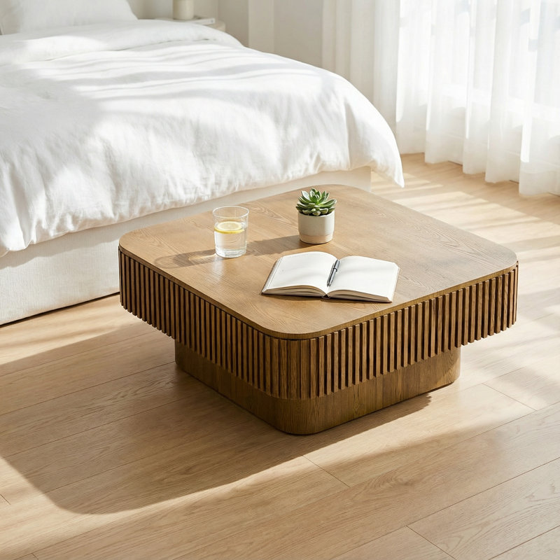 Table basse moderne carrée avec compartiment de rangement caché et finition élégante en placage de bois, Brun