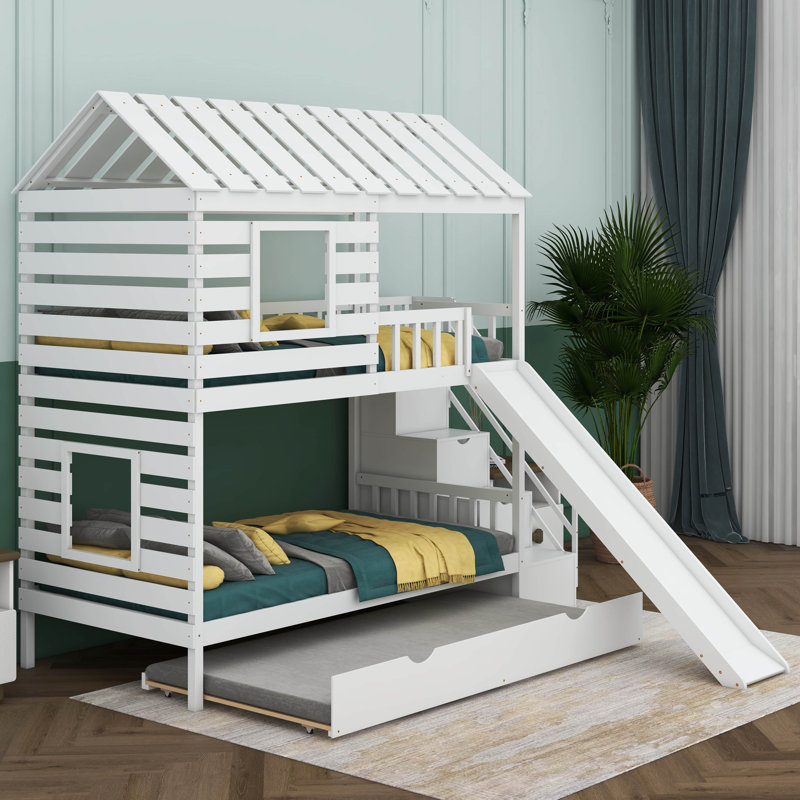 Pocklington Twin over Twin House Bunk Bed with Trundle and Slide, Roof and Window Design, White