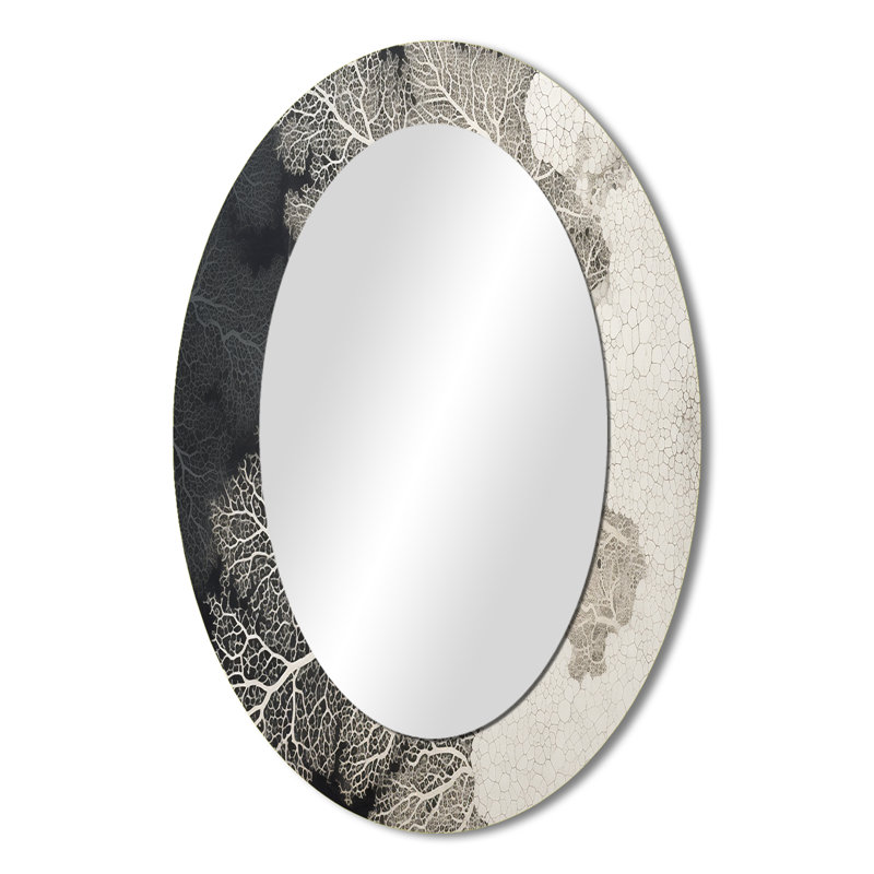Abstrait corail noir et blanc abstrait VI - Grand miroir mural ovale sur métal, 36 po x 24 po
