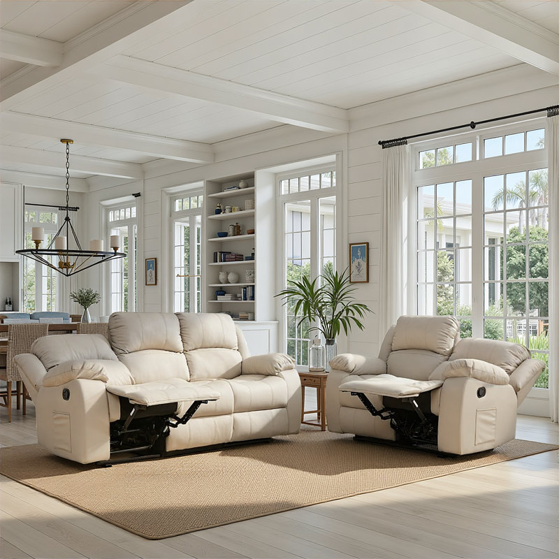 Nichoson 2-Piece Faux Leather Manual Reclining Sofa, Overstuffed Armrest 2+3 Seater Recliner Sofa Set,Beige, Cream
