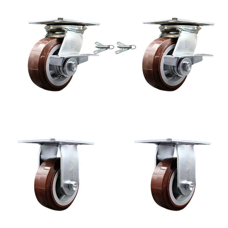 Ensemble de roulettes en polyuréthane de 5 pouces, 2 freins / verrous pivotants et 2 roulettes de service rigides