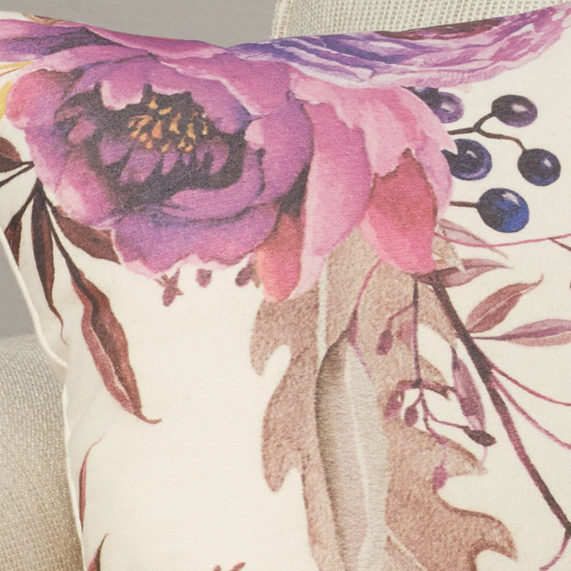 Purple Floral Cotton Throw Pillow with Brown and Fuchsia Design