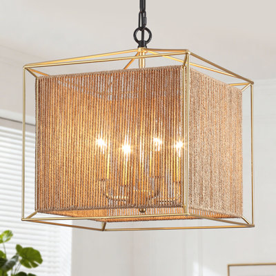 4- Light Boho Rattan Chandelier, Hand-Woven Natural Rattan Pendant Light For Kitchen Dining Room Living Room