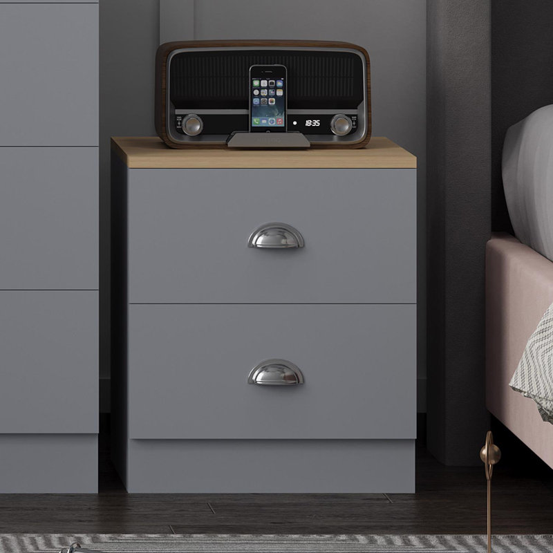 Lyndes 2 Drawer Bedside Table Nightstand Cabinet - Matt Finish, Oak Effect Top. Polished Chrome Cup Handles, Grey