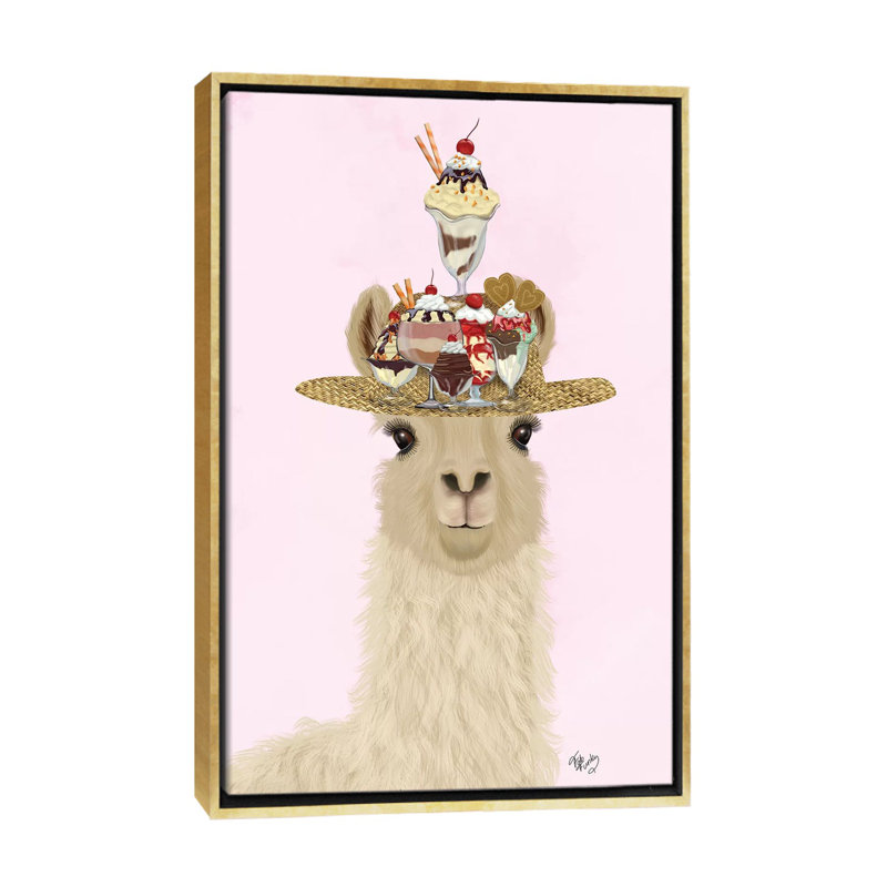 «Llama Ice Cream Hat» par Fab Funky - impression d'art graphique, H 40 po x l 26 po x P 1,5 po, Toile encadrée d'or