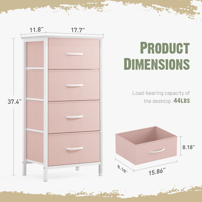 Enegess 4 Drawer Storage Dresser Chest, Pink/White