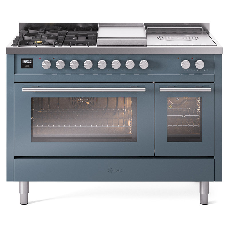 ILVE Professional Plus II 48 cuisinière à double combustible, 5 brûleurs scellés, plaque chauffante (bleu gris), Bleu / gris