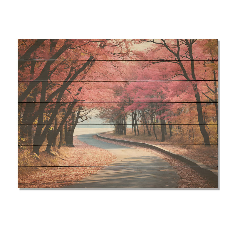 «Rosy Blooming Pathway Into The Forest III» - route sur bois, H 30 po x l 40 po