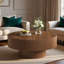 Round Coffee Table With Edge Grooves, Thick Tabletop And Cylindrical Base