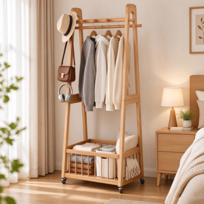 Solid Wood Garment Rack with Double Hanging Rods, Lockable Wheels & Bottom Storage Basket