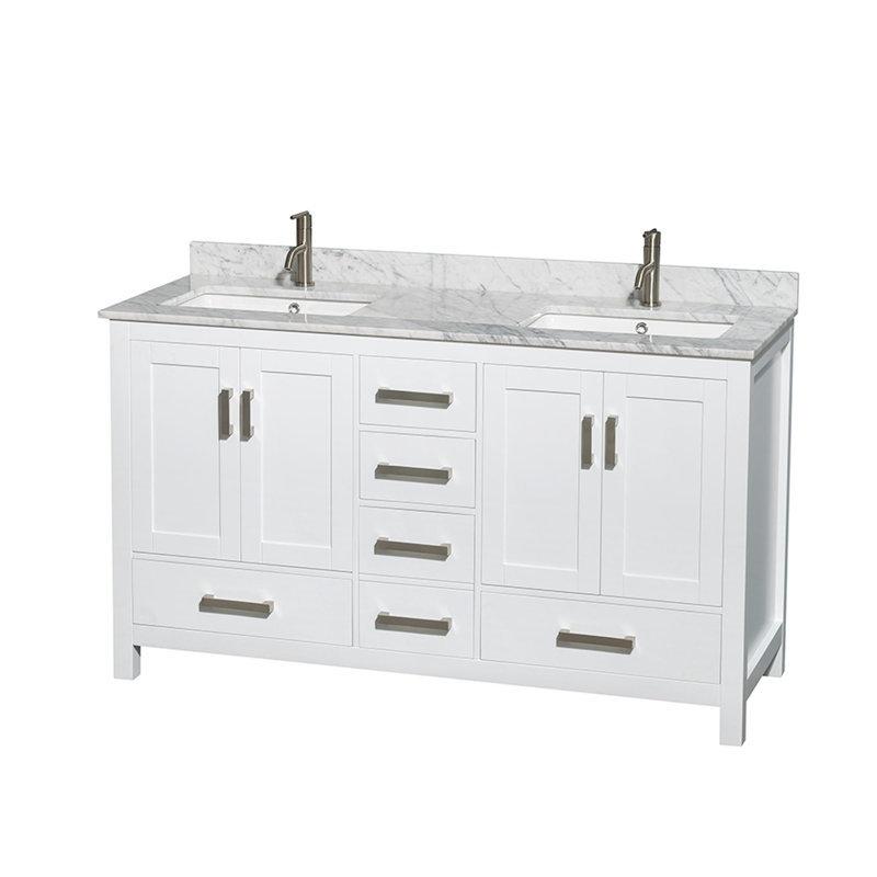 Sheffield 60" Double Bathroom Vanity Set, White Carrara, White