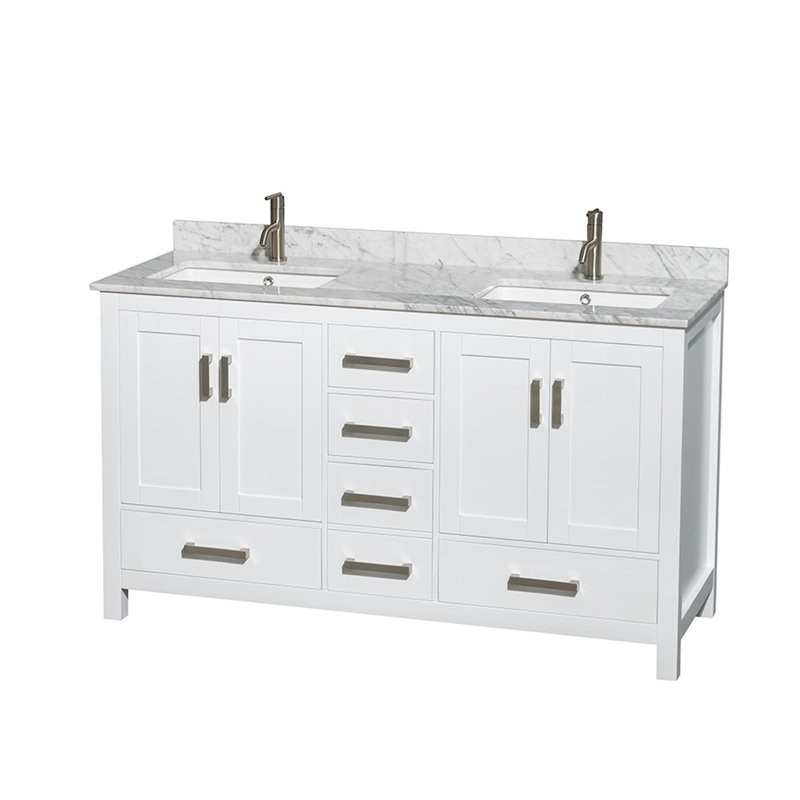 Sheffield 60" Double Bathroom Vanity Set, White, White Carrara